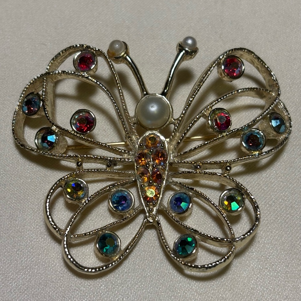 Vtg Emmons Colorful Rhinestone Butterfly Brooch